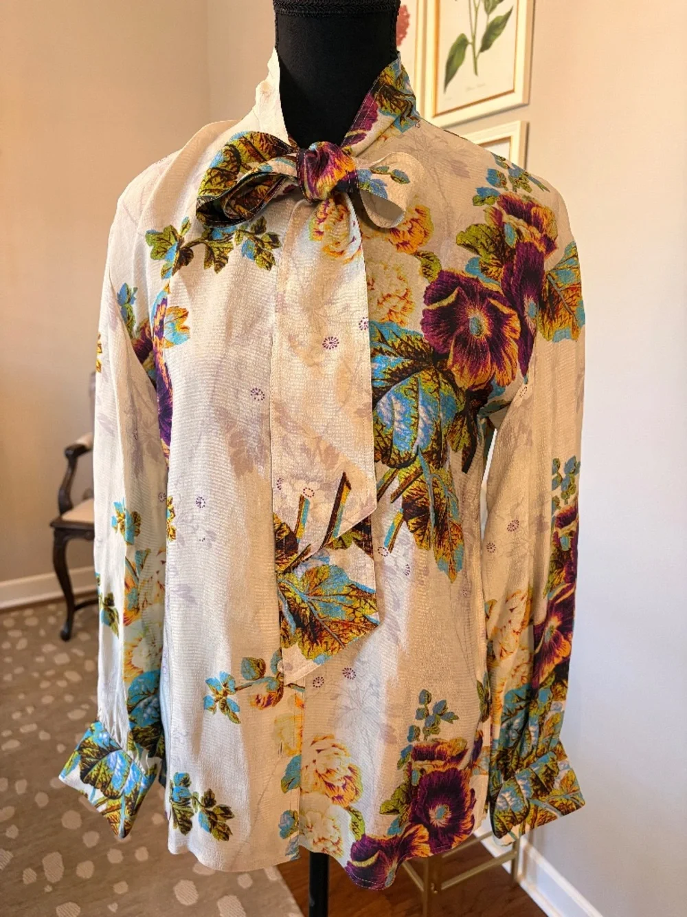Tory Burch PRINTED VISCOSE BOW BLOUSE Women's Size 0